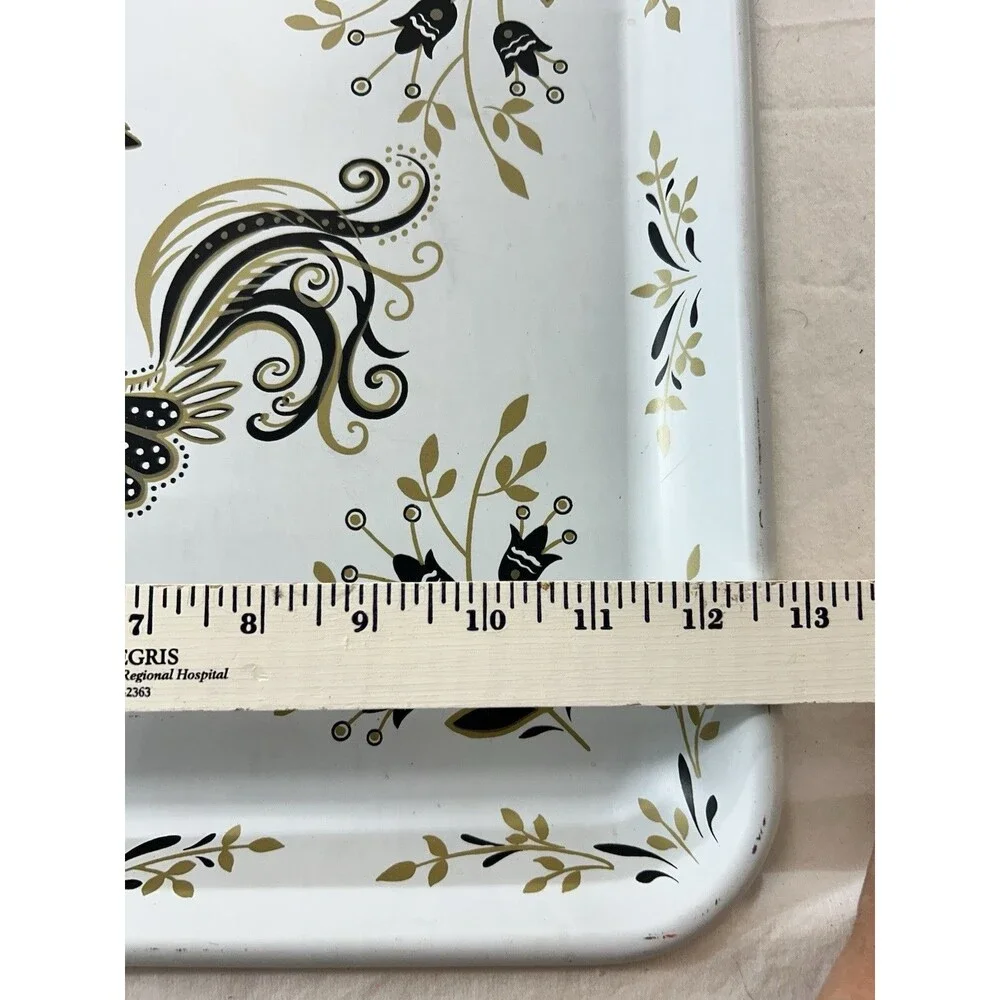 Maxey Rooster Metal Serving Tray Farm House Decor Kitchen Vintage MCM Black Gold